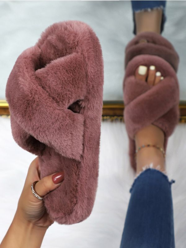 Minimalist Cross Strap Fluffy Slippers