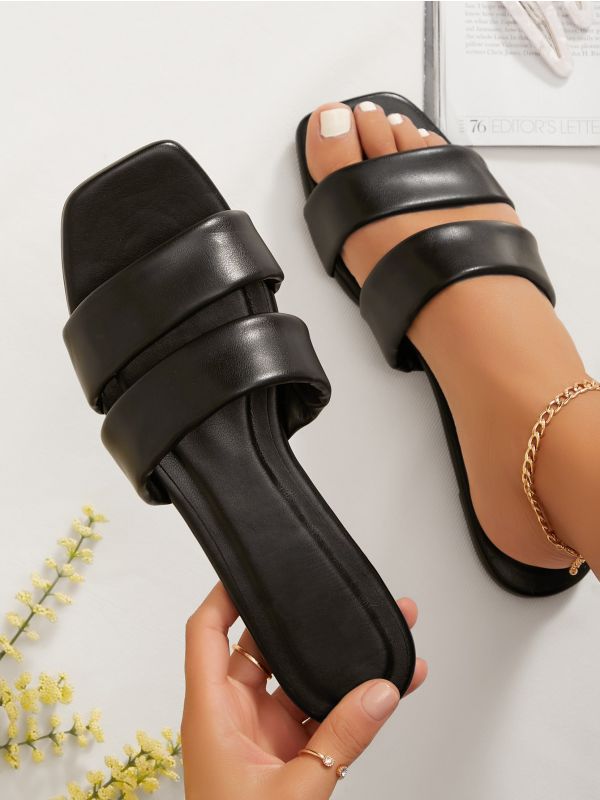 Faux Leather Dual Vamp Slide Sandals