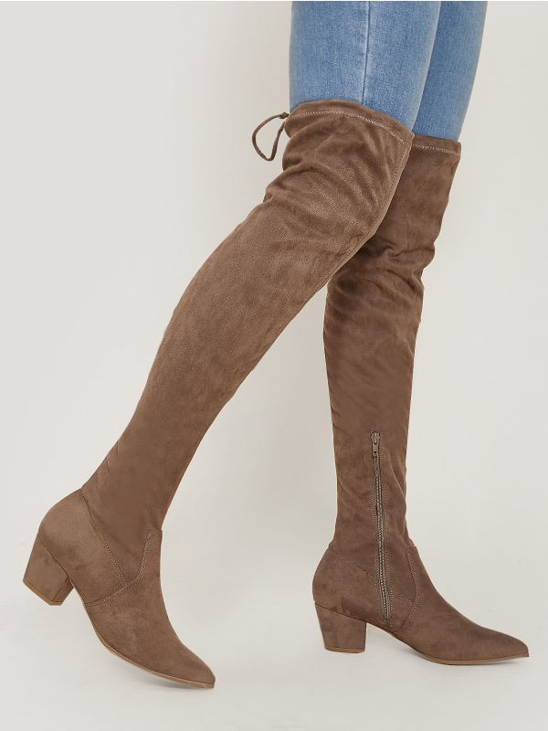 Pointy Toe Chunky Low Heel Thigh High Boots