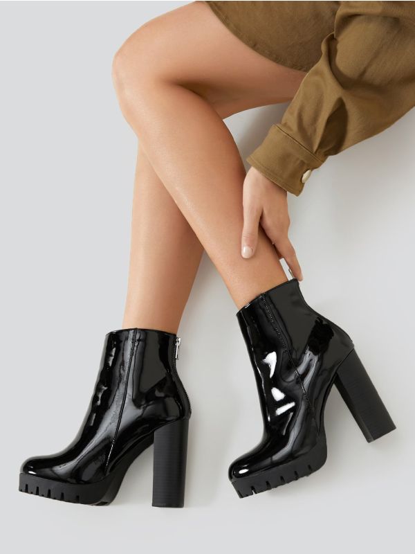 Faux Patent Leather High Block Heel Boots