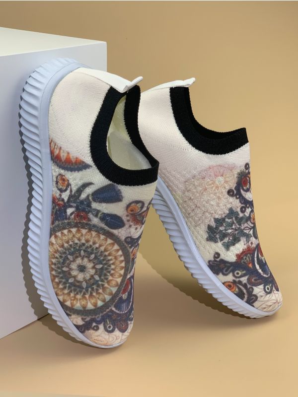 Floral Pattern Knit Slip On Sneakers