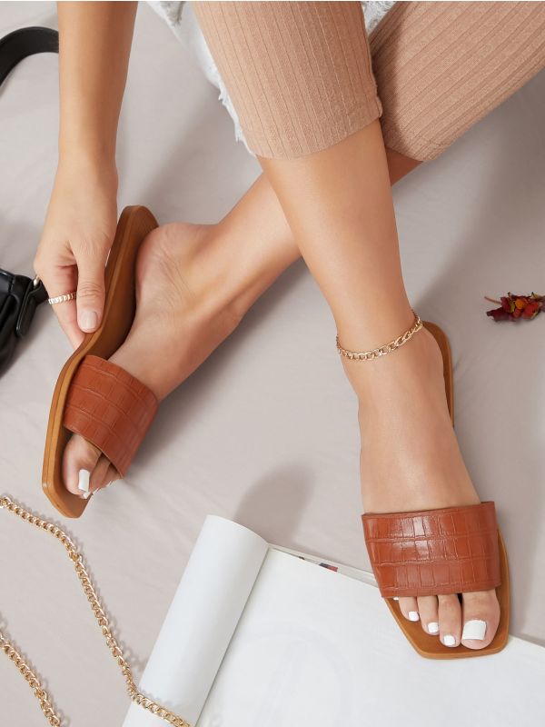 Faux Croc Leather Square Toe Sandals