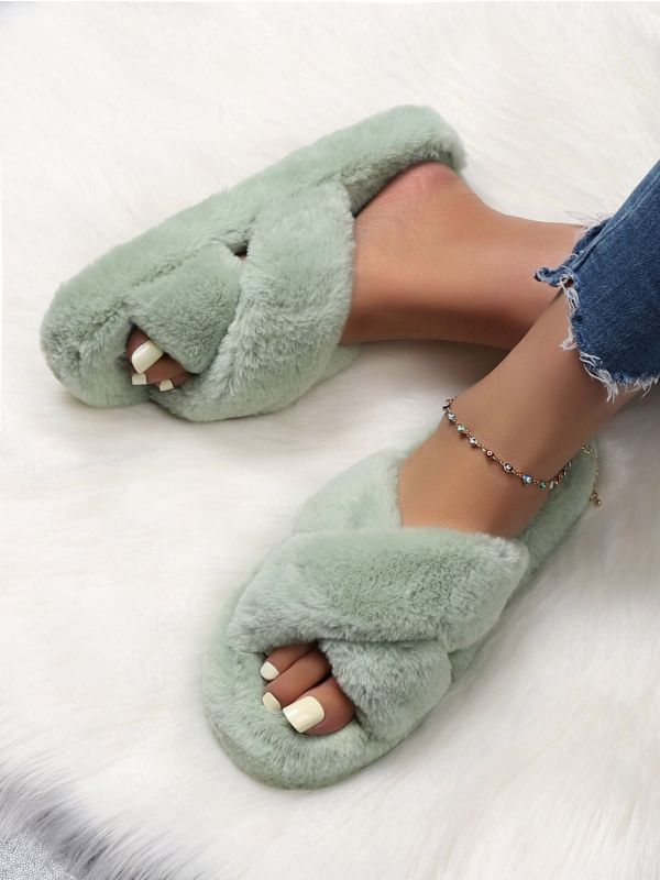 Minimalist Cross Strap Fluffy Slippers