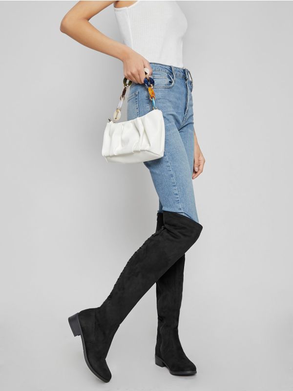 Lace Up Back Over The Knee Short Stacked Heel Boots