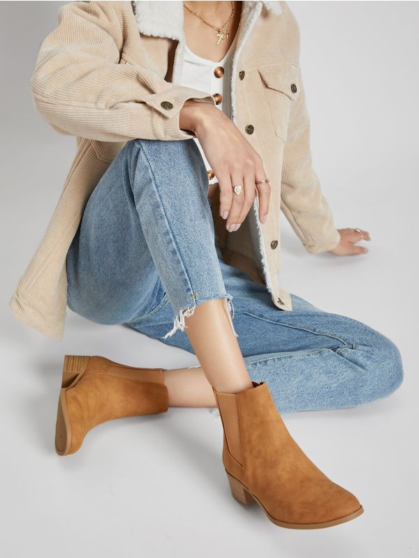 Almond Toe Low Stacked Heel Chelsea Ankle Booties
