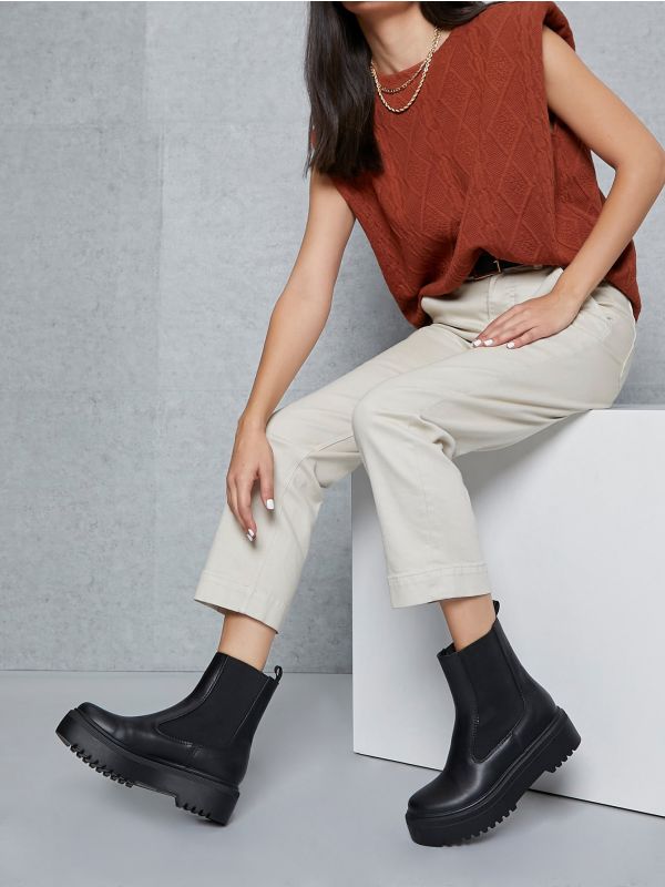 Faux Leather Lug Sole Ankle Chelsea Boots