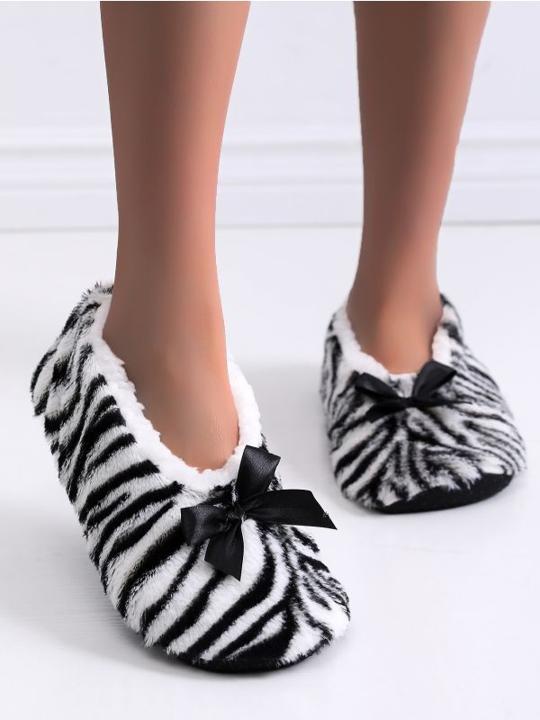 Bow Decor Zebra Print Fluffy Slippers