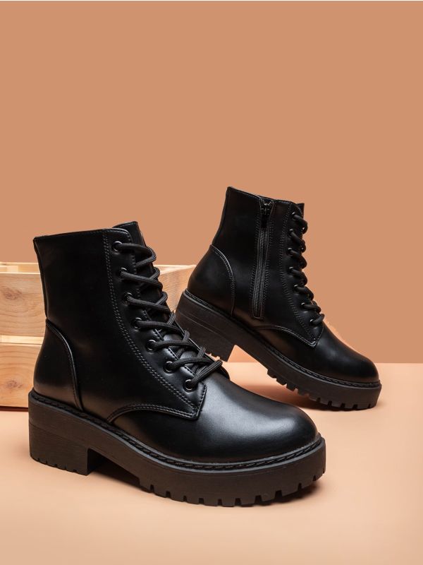 Faux Leather Lace-Up Chunky Combat Boots