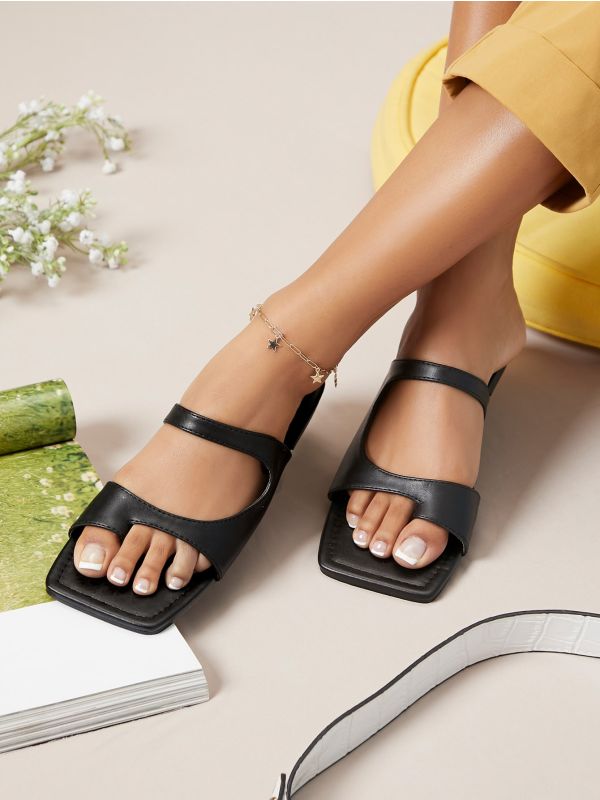Faux Leather Toe-Ring Slip-On Sandals