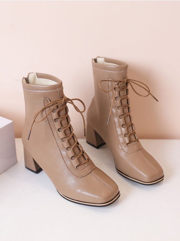 Square Toe Lace-up Front Chunky Heeled Boots