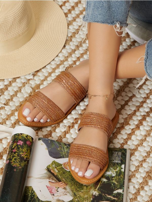 Twin Woven Straw Bands Flat Slide Sandals