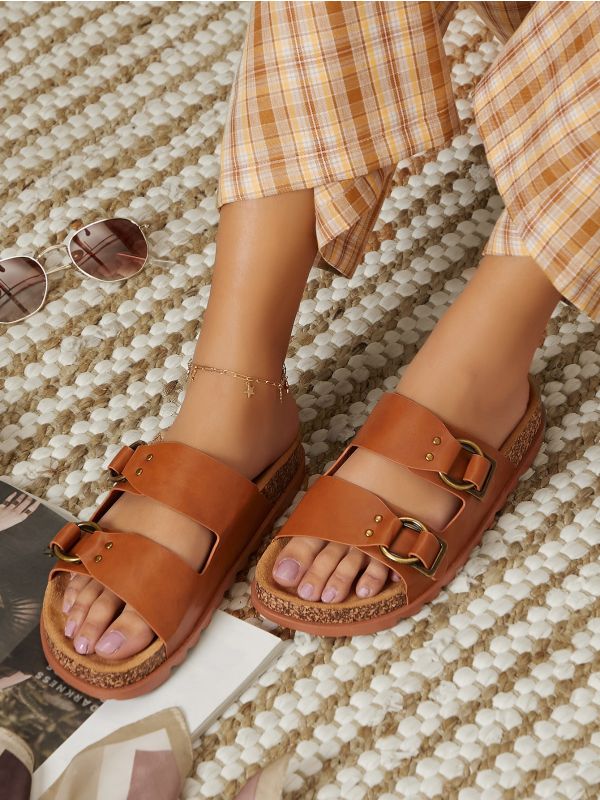 Vegan Leather Double Vamp Slide Sandals