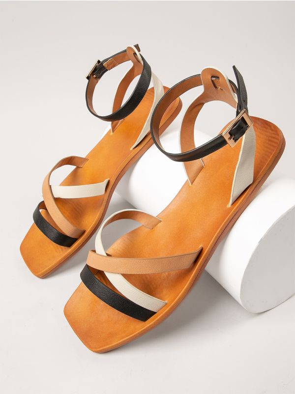 Faux Leather Buckled Ankle Strap Sandals