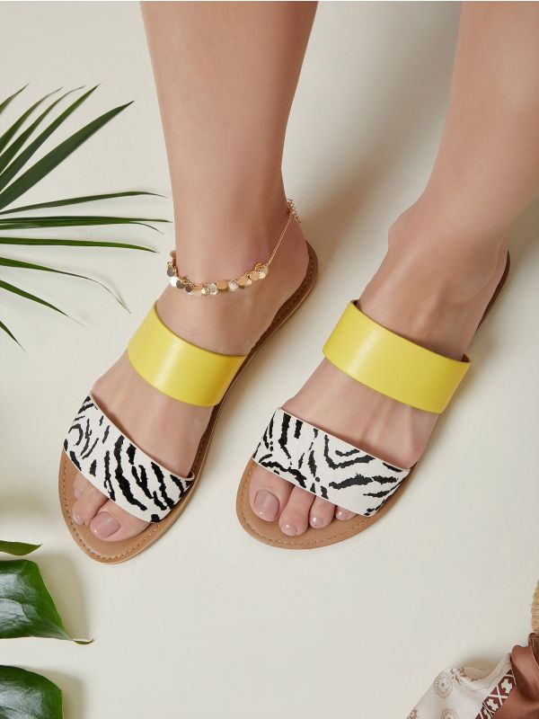 Zebra Print Twin Band Flat Slide Sandals