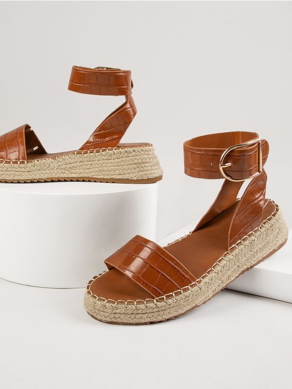 Faux Leather Buckled Ankle Strap Espadrille Sandals