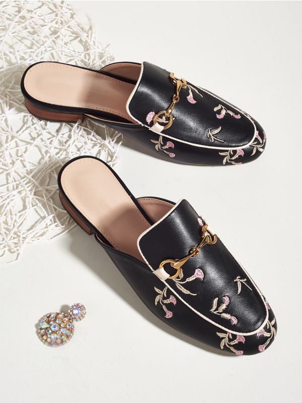Floral Embroidery Loafer Mules