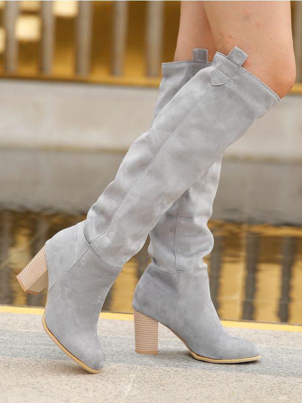 Slip On Stacked Block Heel Slouchy Boots