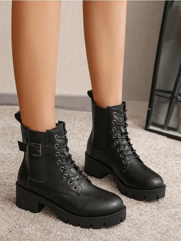 Minimalist Lace-up Front Buckle Chunky Boots