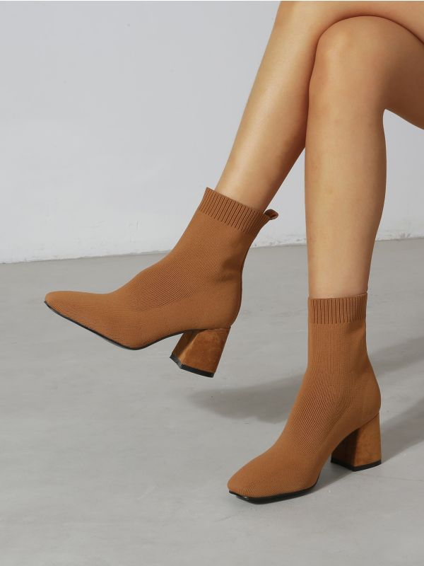 Minimalist Square Toe Slip-On Chunky Heeled Sock Boots