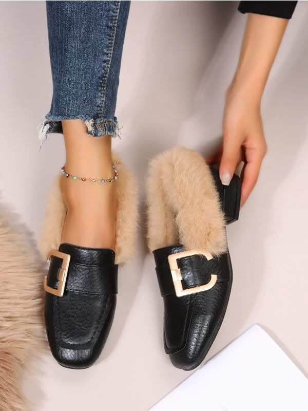 Buckle Decor Fluffy Loafers
