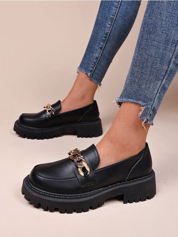 Minimalist Chain Decor Loafer Flatform Shoes