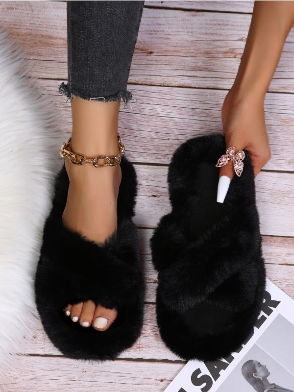 Fluffy Strap Open Toe Home Slippers
