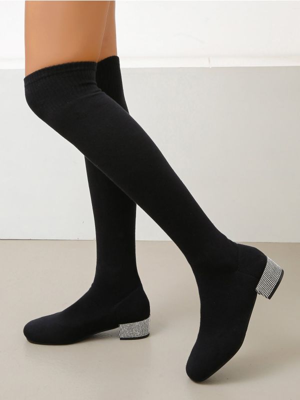 Rhinestone Decor Chunky Heeled Sock Boots