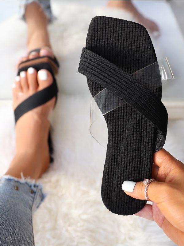 Clear Detail Cross Strap Slide Sandals