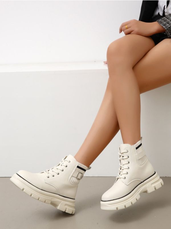 Minimalist Lace-up Front Buckle Boots
