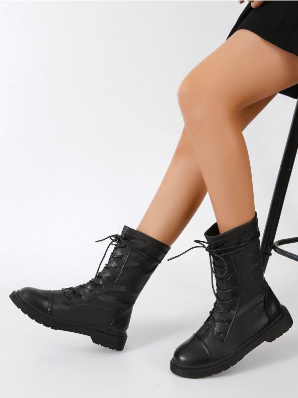 Minimalist Lace-up Front Mid Calf Boots