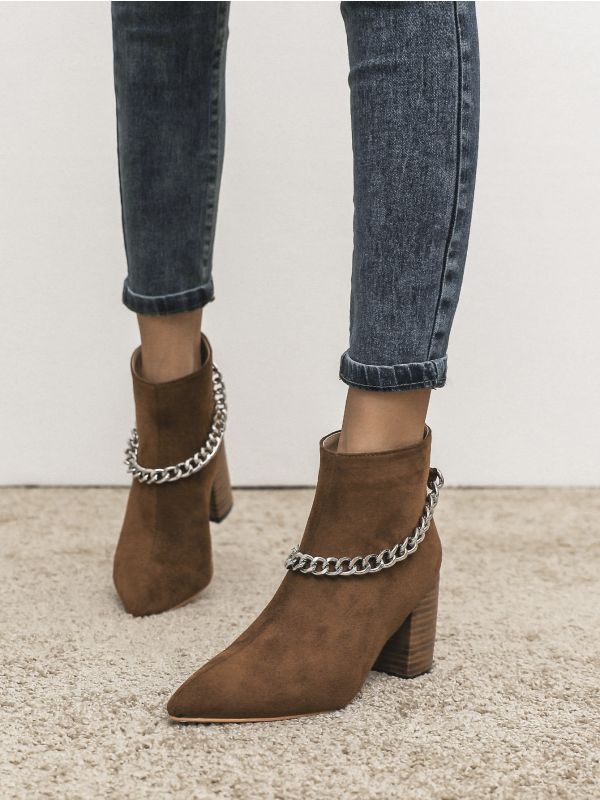 Chain Decor Point Toe Stacked Block Heel Boots