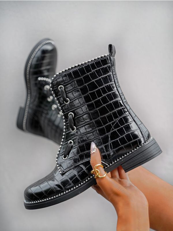Stone Embossed Studded Decor Lace-up Front Boots