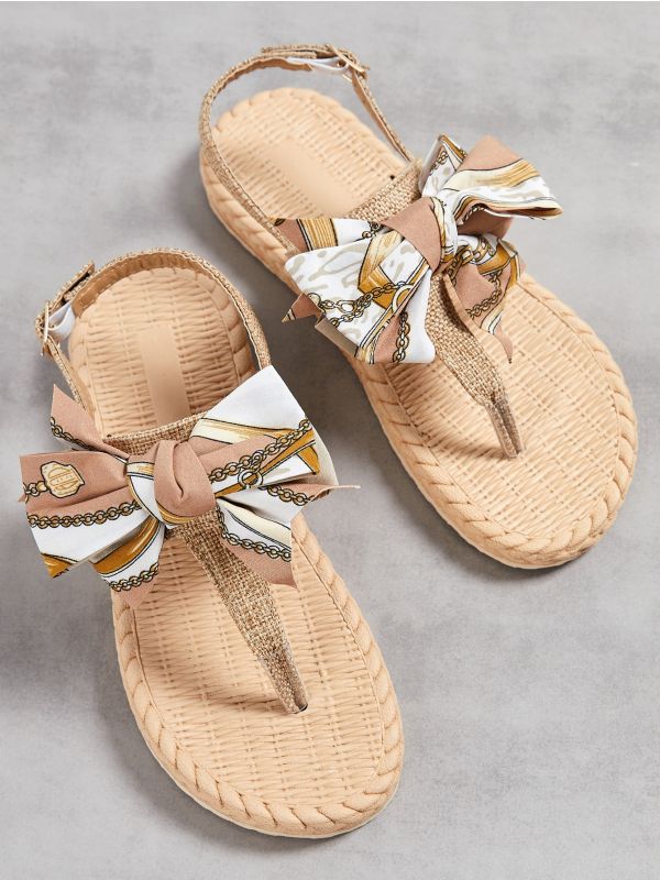 Chain Graphic Bow Decor Thong Sandals
