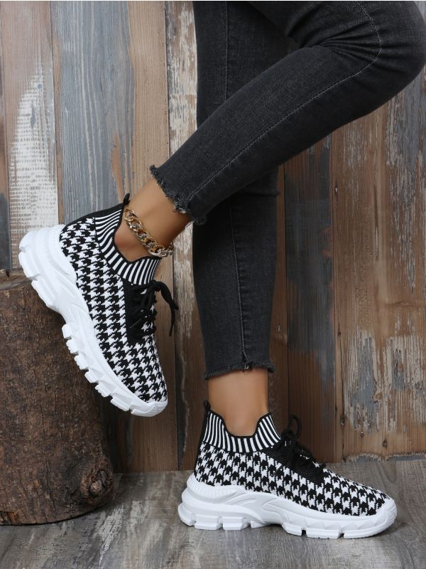 Houndstooth Graphic Lace Up Front Chunky Sneakers