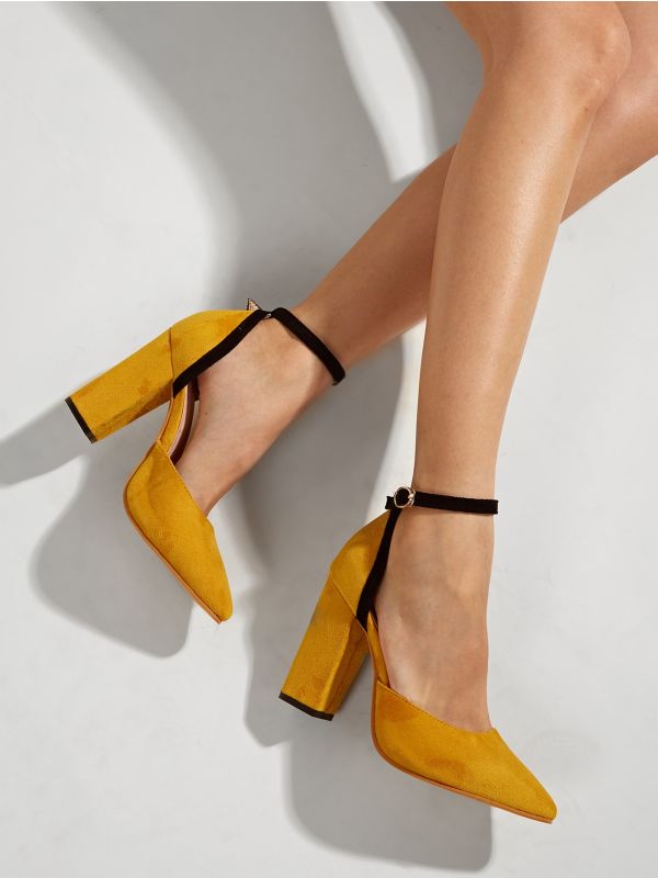 Minimalist Point Toe Ankle Strap Chunky Pumps