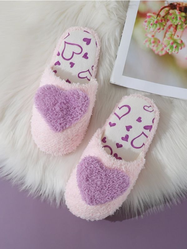 Fluffy Heart Graphic Bedroom Slippers