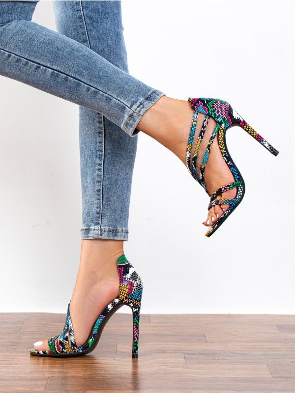Colorblock Snakeskin Print Stiletto Heeled Strappy Sandals