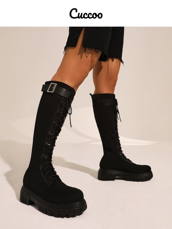 Eyelet Buckle Decor Knit Boots