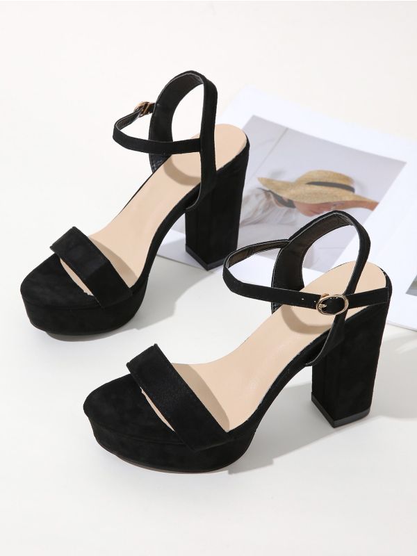 Suede Chunky High Heeled Ankle Strap Sandals