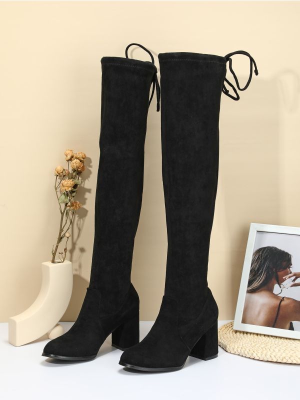 Tie Back Design Chunky Heeled Over Knee Boots