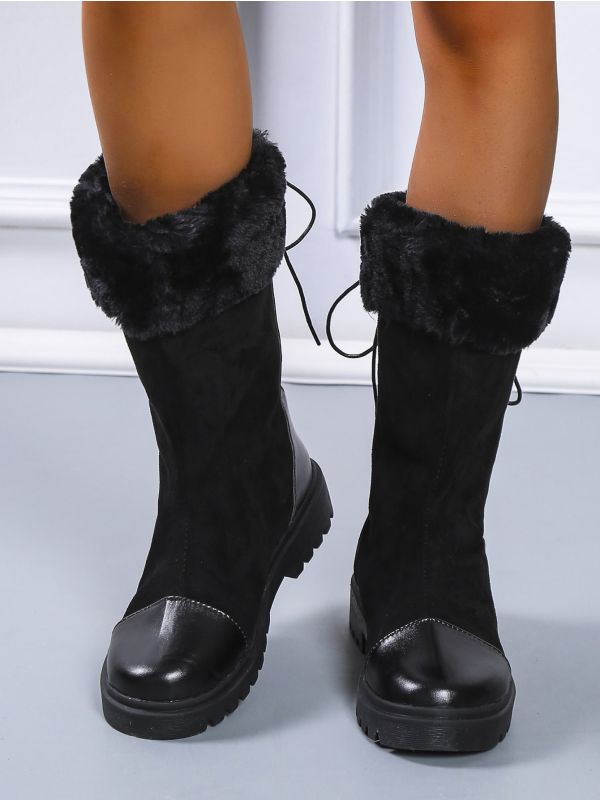 Minimalist Lace-up Back Fluffy Trim Snow Boots