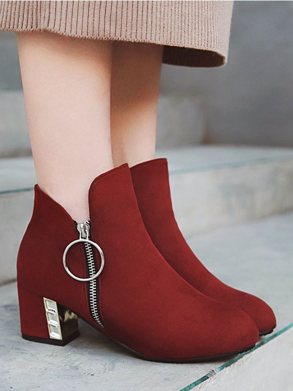 Suede Side Zipper Chunky Booties