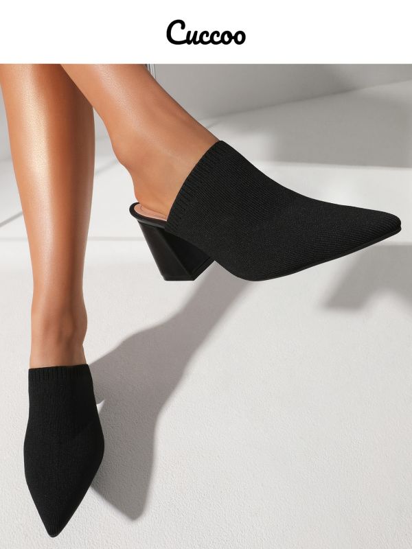 Basic Knit Detail Point Toe Chunky Mules