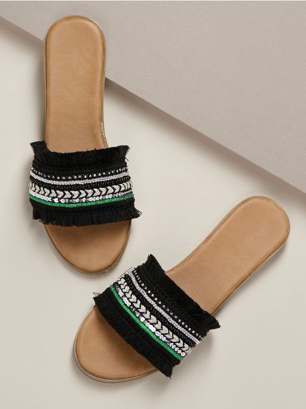 Embellished Wide Band Flat Slide Sandals