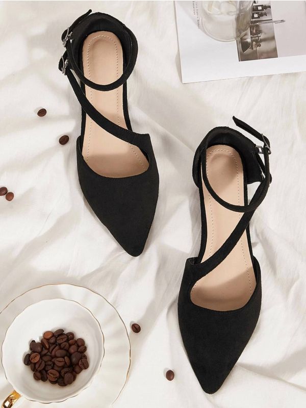 Point Toe Buckle Strap Suede Flats