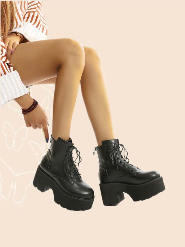 Chunky Heeled Platform Lace-up Ankle Boots
