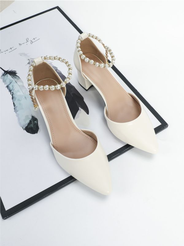 Faux Pearl Decor Chunky Ankle Strap Heels